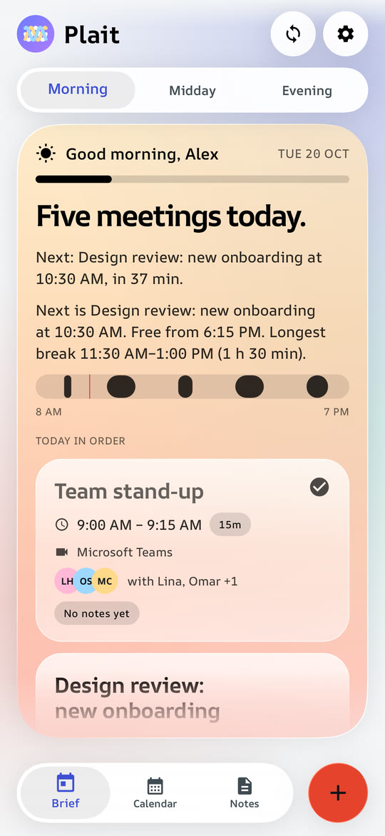 The morning card on the home screen, with the day's meetings
