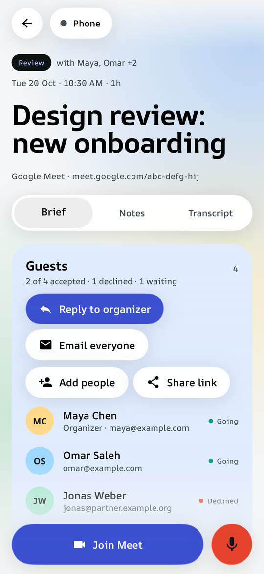 A meeting page with guests and a short About paragraph